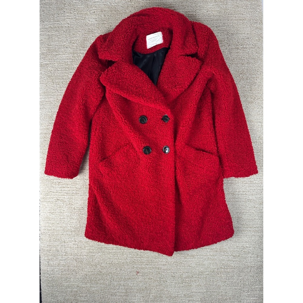 Zara Woman Red Teddy Faux Shearling Double Breasted Coat Jacket Small